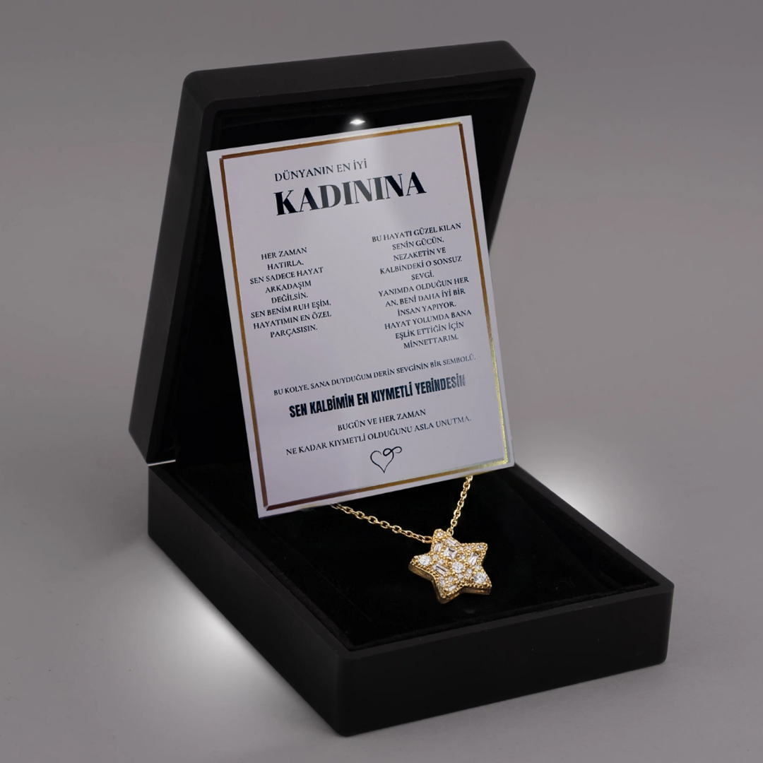 Kadınına Elmas İşlemeli Star Kolye Anlamlı Not ve Kutulu