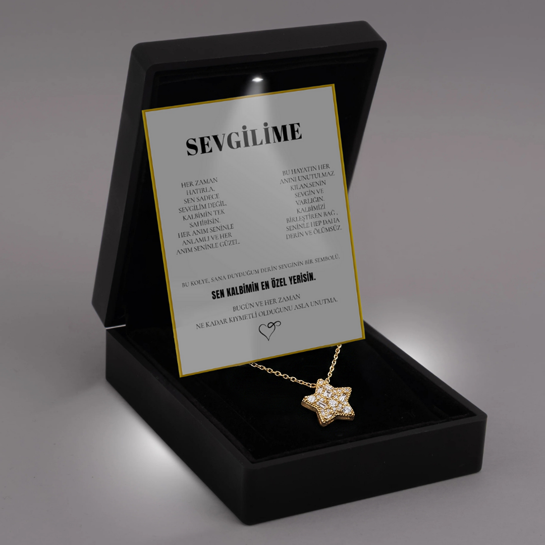 Sevgilime Elmas İşlemeli Star Kolye Anlamlı Not ve Kutulu