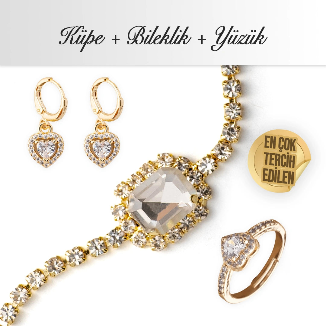 Gold Bileklik + Küpe + Yüzük Set