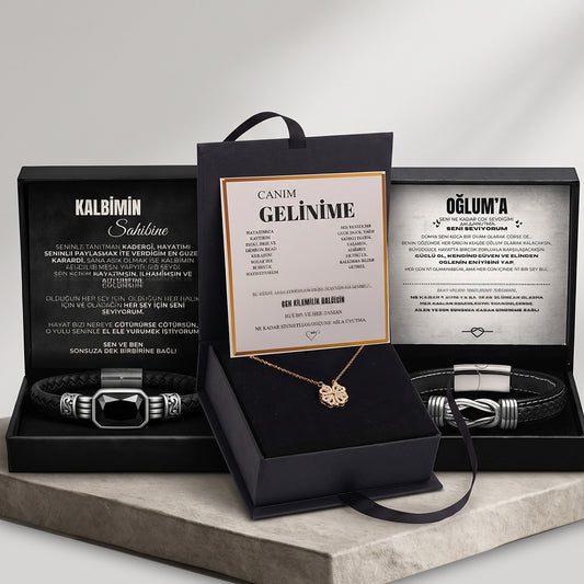 Kalbimin Sahibine Fantastik Oniks Doğal Taş Bileklik+ Gelinime Yonca Kolye + Oğluma Sonsuzluk Düğüm Bileklik