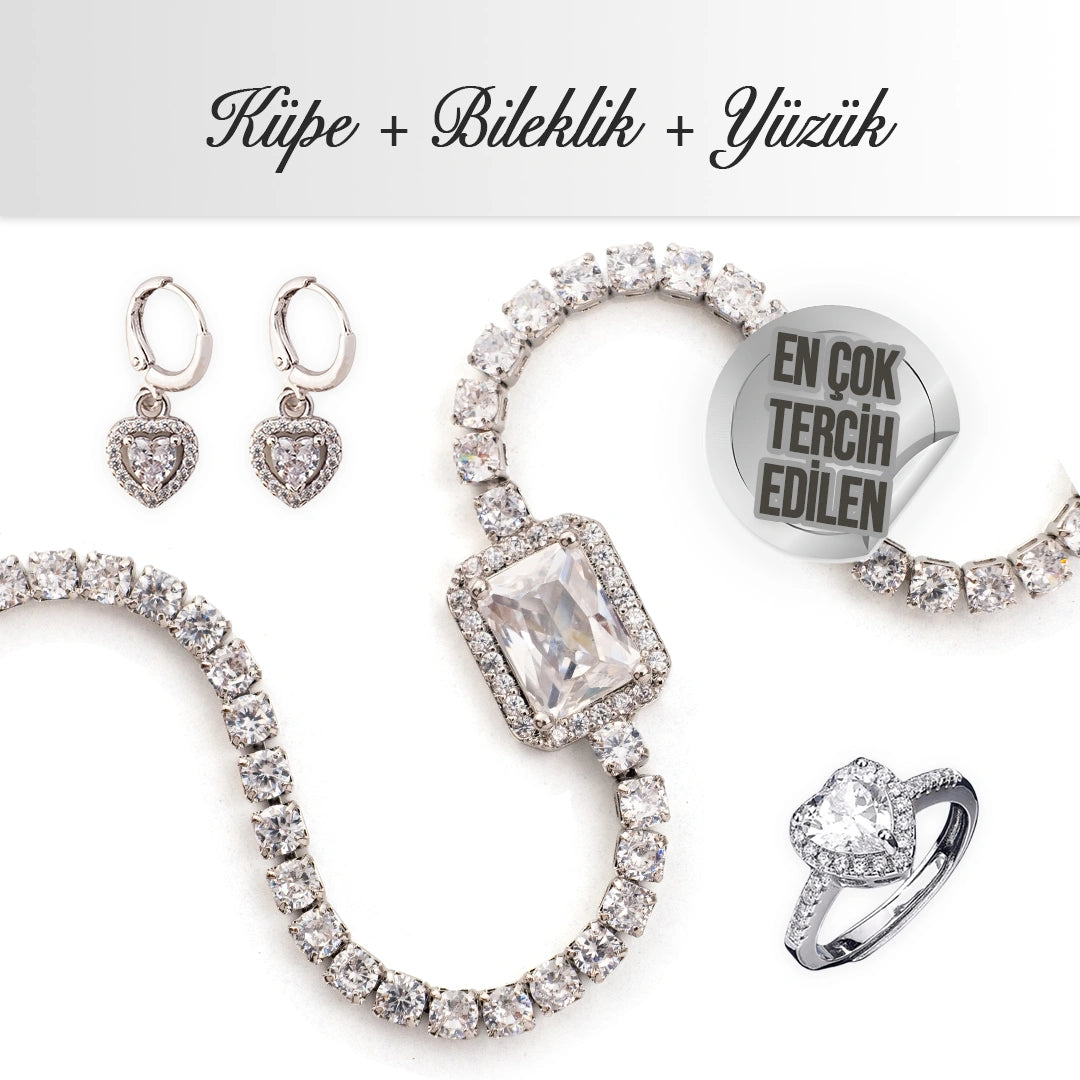 Silver Bileklik + Küpe + Yüzük Set