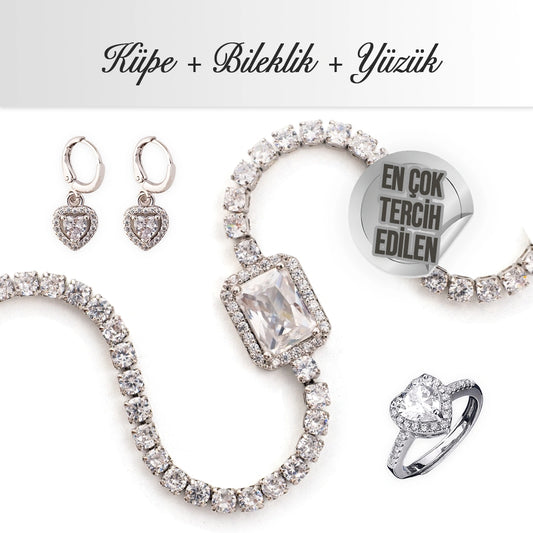 Silver Bileklik + Küpe + Yüzük Set