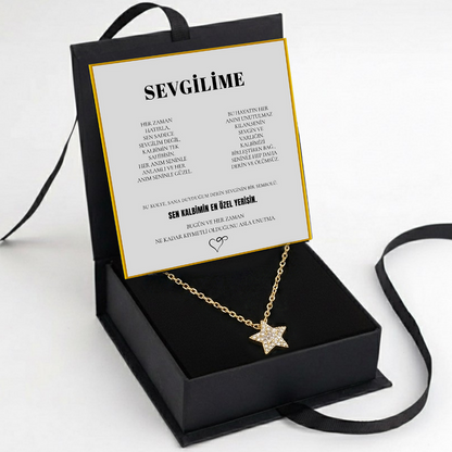 Sevgilime Elmas İşlemeli Star Kolye Anlamlı Not ve Kutulu