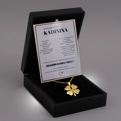 Kadınına Yonca Çiçeği Kolye Anlamlı Not ve Kutulu