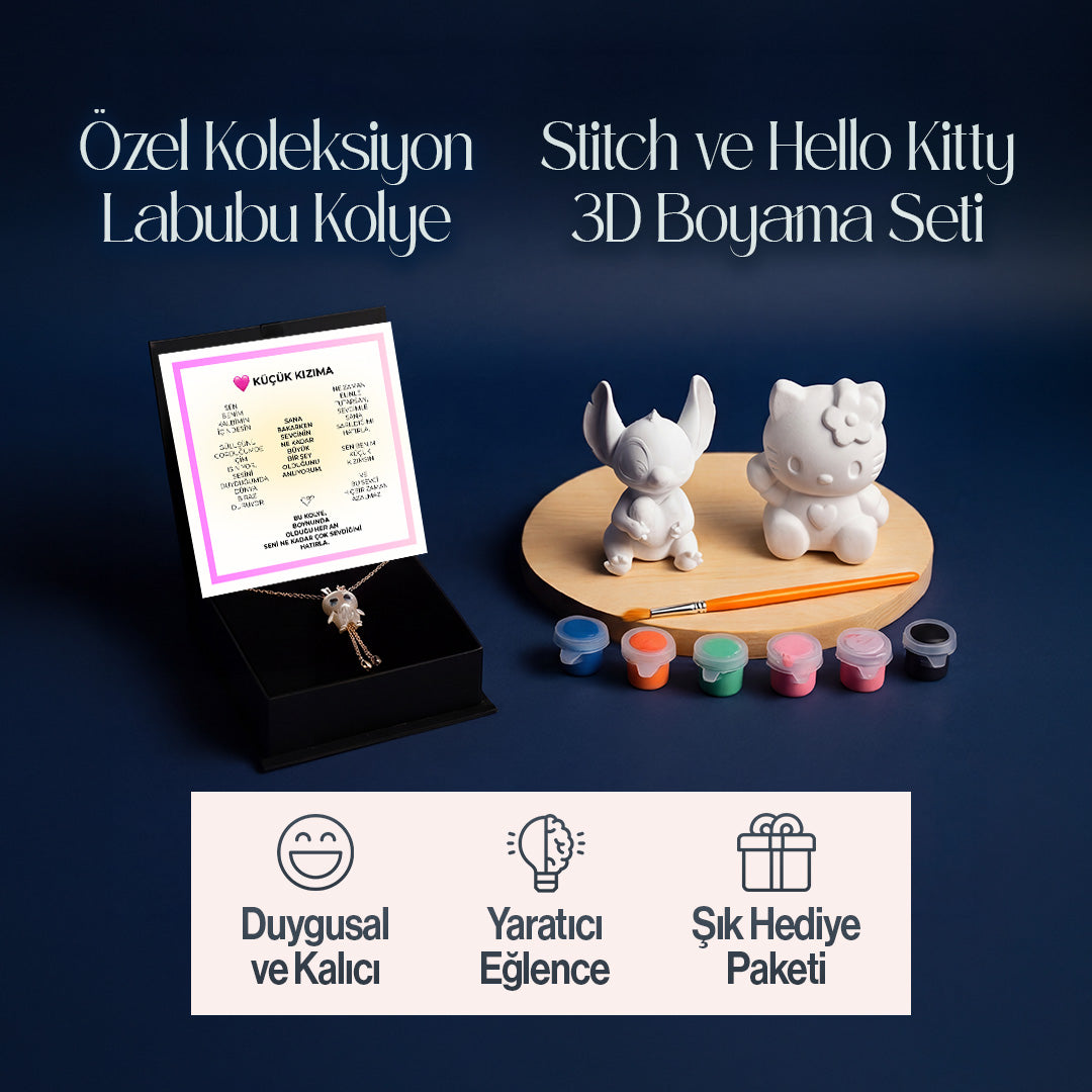 Küçük Kızıma ÖZEL KOLEKSİYON LABUBU 151 TAŞ İŞLEMELİ KOLYE ve STİCH VE ANGELA 3D BOYAMA SETİ